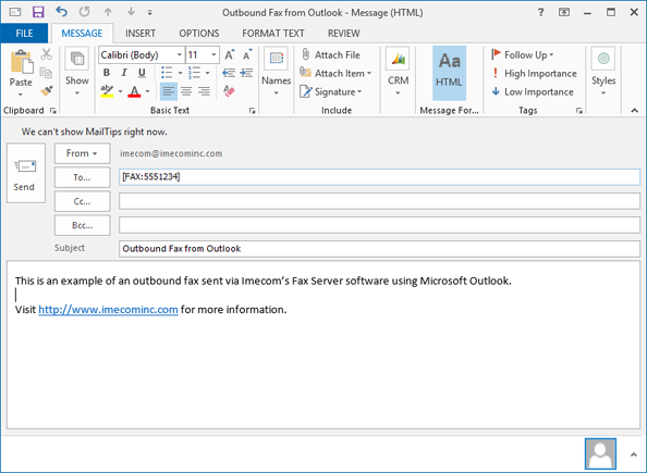 Sending a fax from Microsoft Outlook using Microsoft FAX Address (IMCEAFAX)