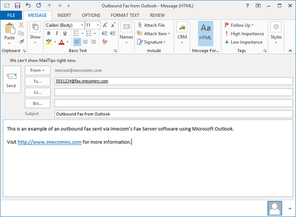 Sending a fax from Microsoft Outlook using SMTP Fax Address