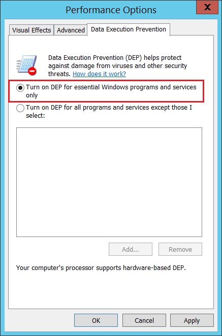 Turn on Windows DEP