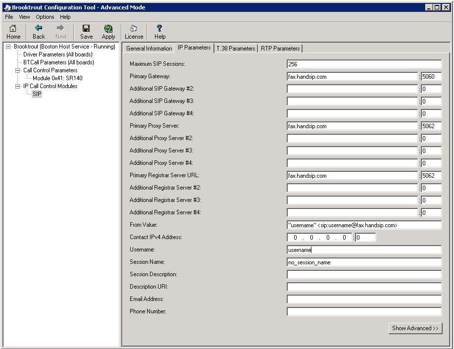 Brooktrout SR140 Configuration for handSIP T.38 Fax SIP Trunk